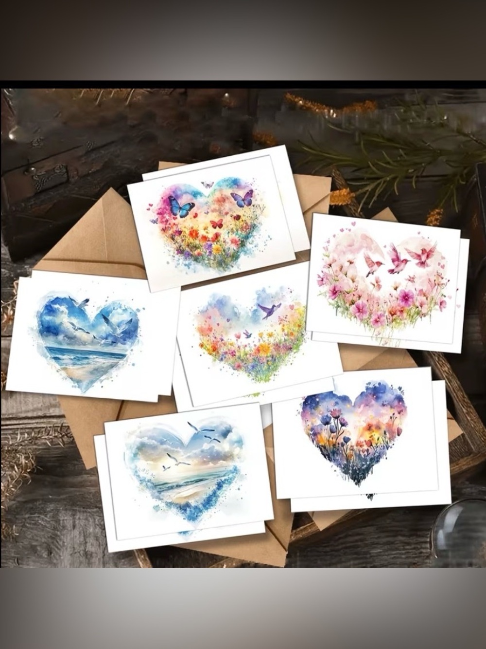 Watercolor Heart Greeting Card Set - Floral & Butterfly Designs